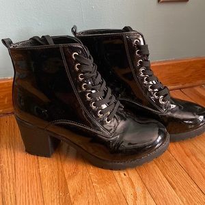 Latex heeled combat boots